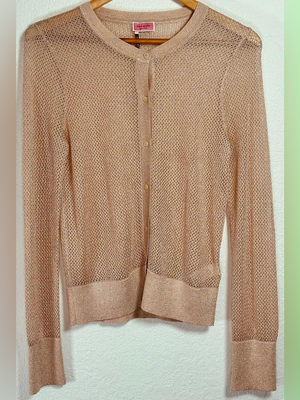 kate spade Metallic Pink Open-Knit Crewneck Cardigan